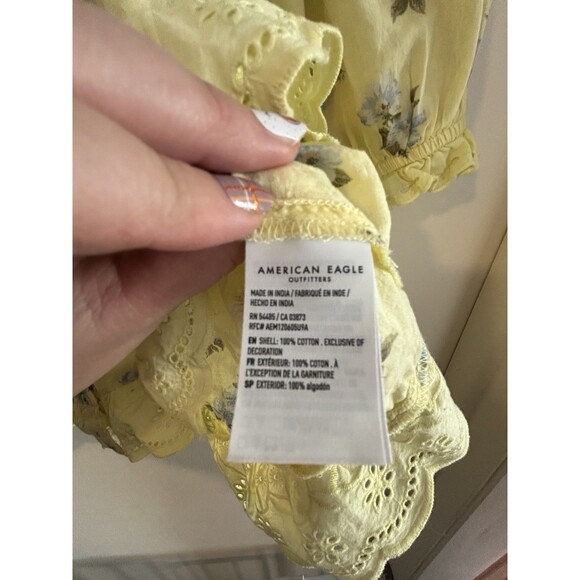 AEO Baby Doll Blouse XXL Yellow Floral Button Up Milkmaid Fairy Sweet cottagcore - Picture 6 of 13